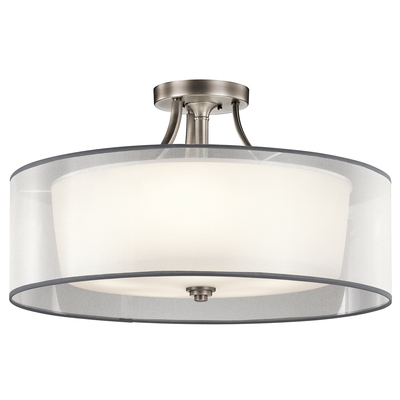 Kichler 42399AP Lacey 28" 5 Light Semi Flush with Satin Etched Cased Opal Inner Diffusers and White Translucent Organza Outer Shade in Antique Pewter in Antique Pewter